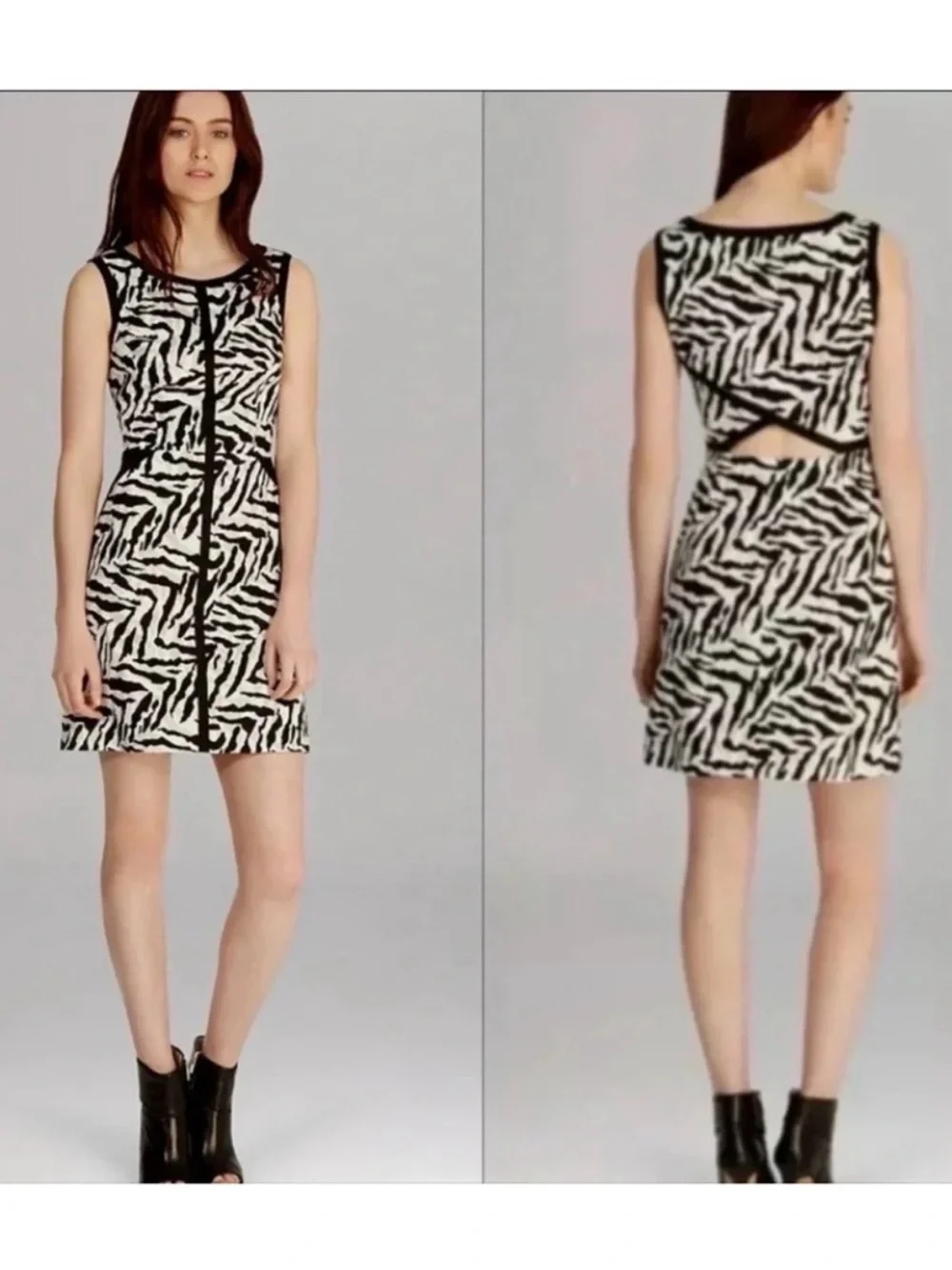 Karen Millen Zebra Print Bodycon Dress Cutout Back Black White Cocktail Size 4